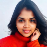 A smiling woman wearing a red sweater displays a Influencer Social Media profile links page.